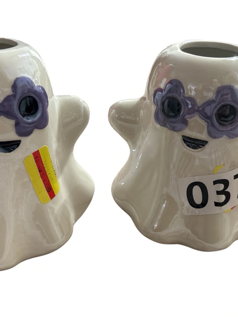 Kohl's White Ceramic Ghost with Purple Flower Sunglasses & LED pumpkin 🎃 candle